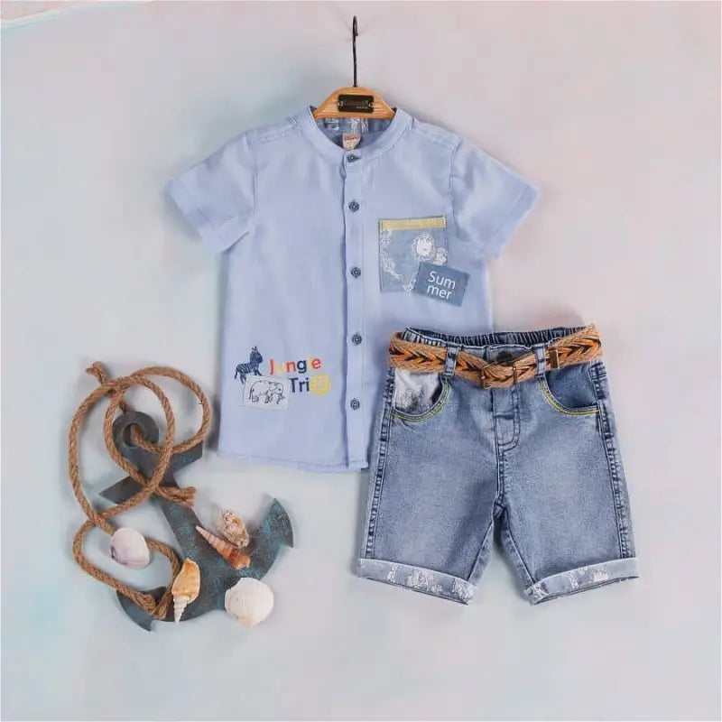 Baby Boys 2 Piece Summer Safari Shirt & Denim Shorts Set With Belt