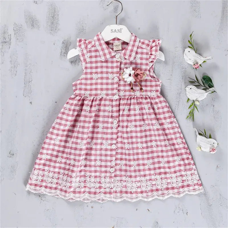 Girls Floral Embroidered Check Button Front Dress