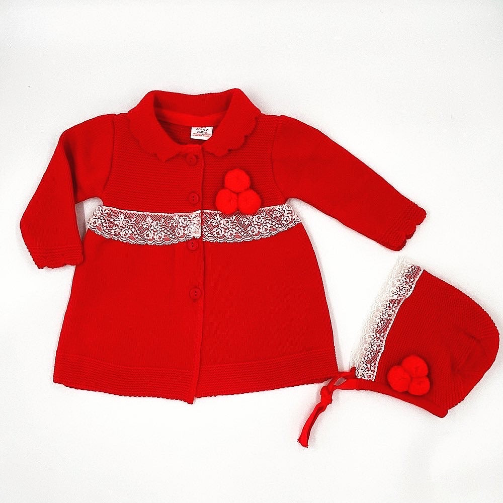 Red Knitted Jacket With Matching Bonnet
