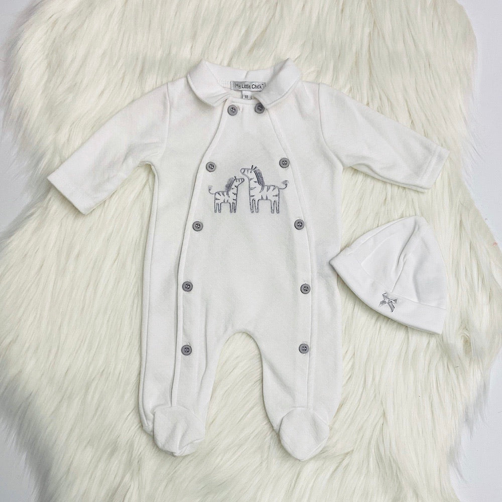 Zebra white baby grow with matching hat