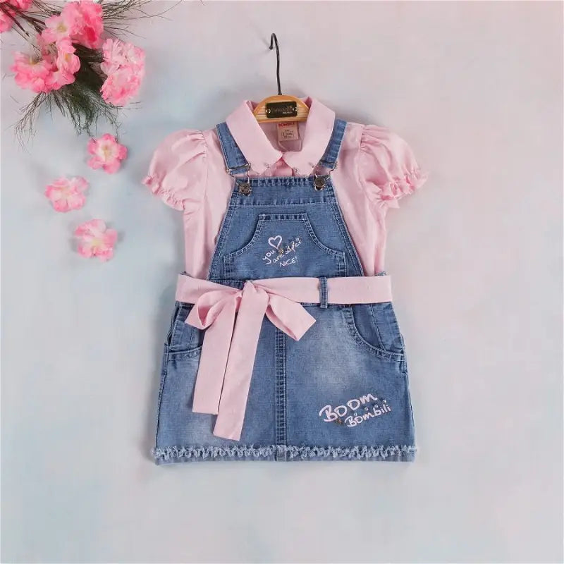 Girls 2 Piece Denim Heart Dress & Summer Shirt Set With Belt