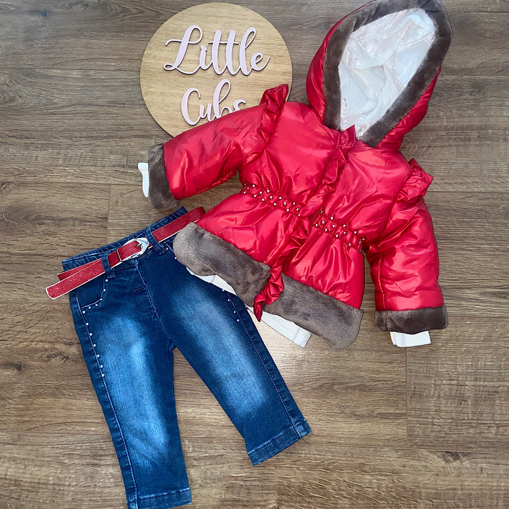 Girls 3 Piece Red Frilly Jacket & Jeans Set