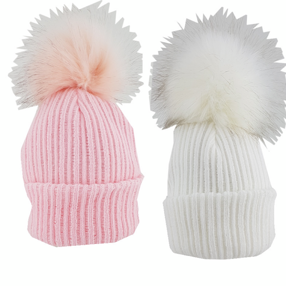 Pink and White Ribbed Pom Pom Hat