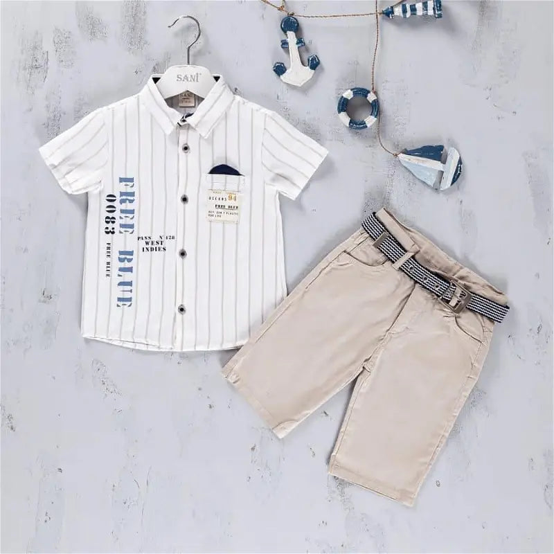 Boys Stripe Summer Shirt & Twill Beige Shorts Set With Belt
