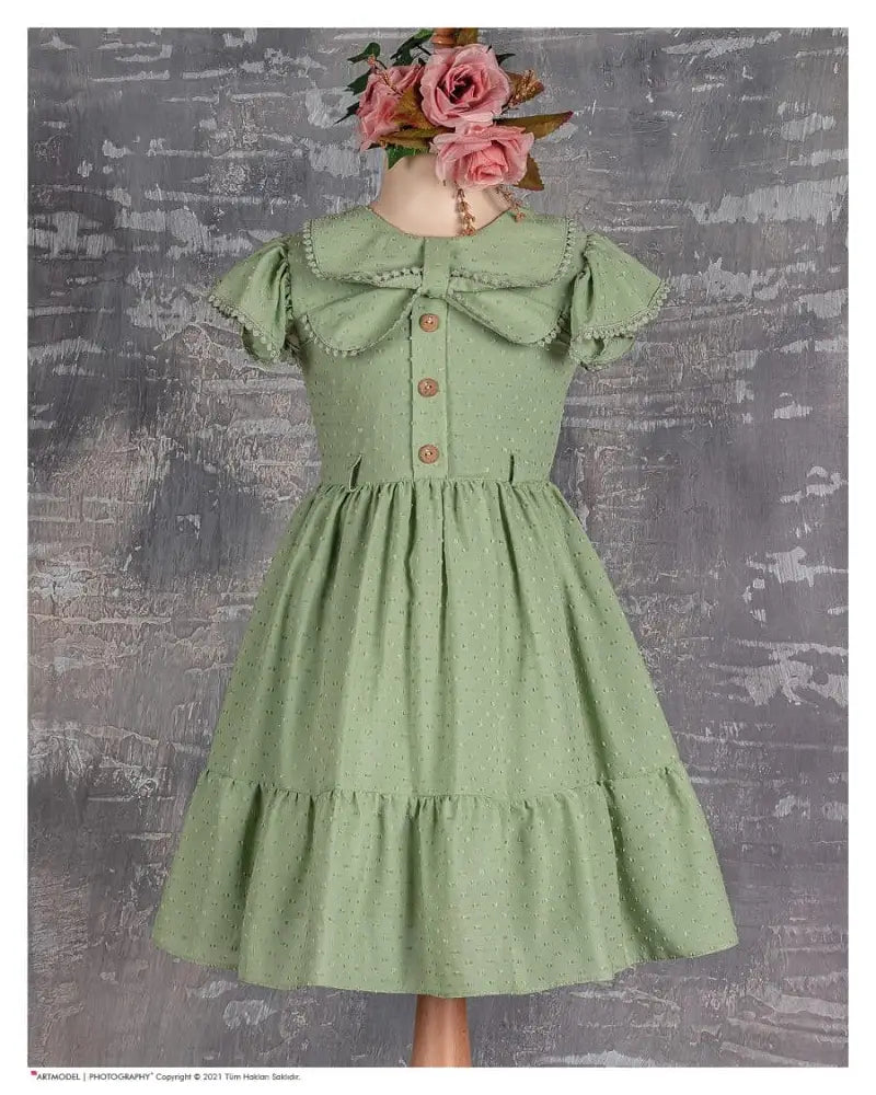 Girls Green Embossed Cotton Dress with Flower Belt
