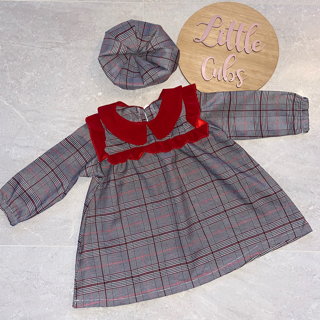 Juniour Girls Grey & Red Tartan Dress & Hat