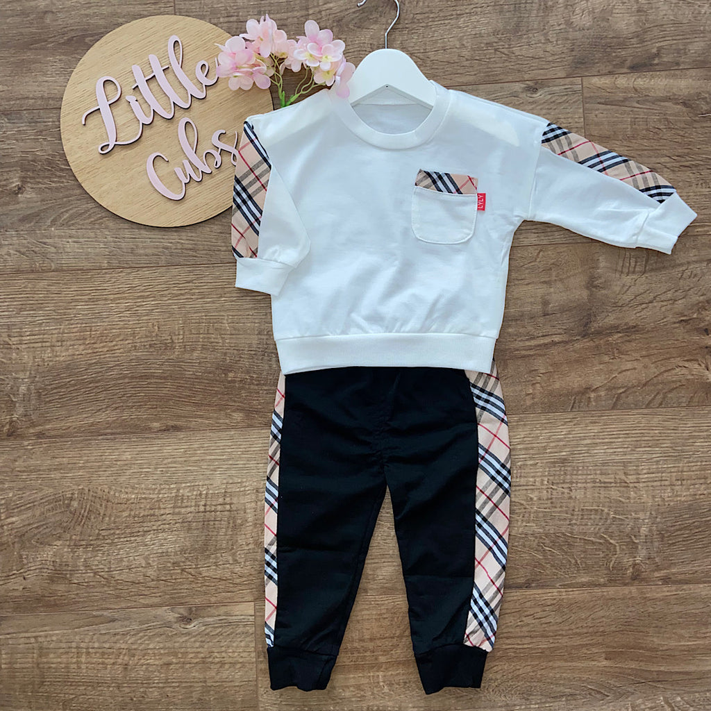 Boys White Check Sweatshirt & Black Joggers