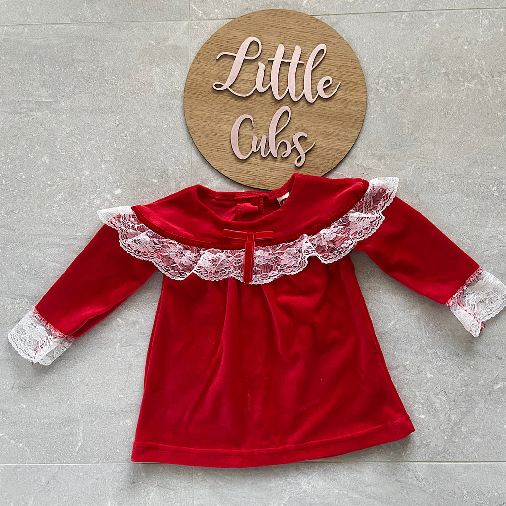 Baby Girls Velvet Red Lace Dress