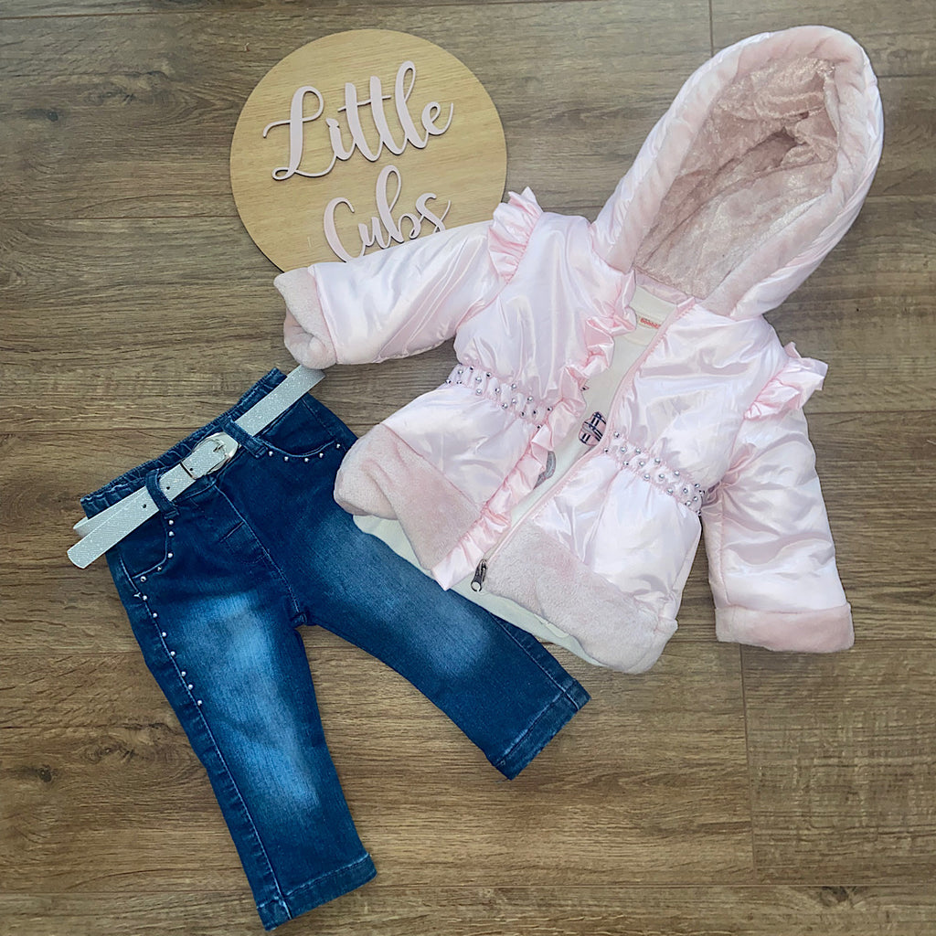 Girls 3 Piece Pink Frilly Jacket & Jeans
