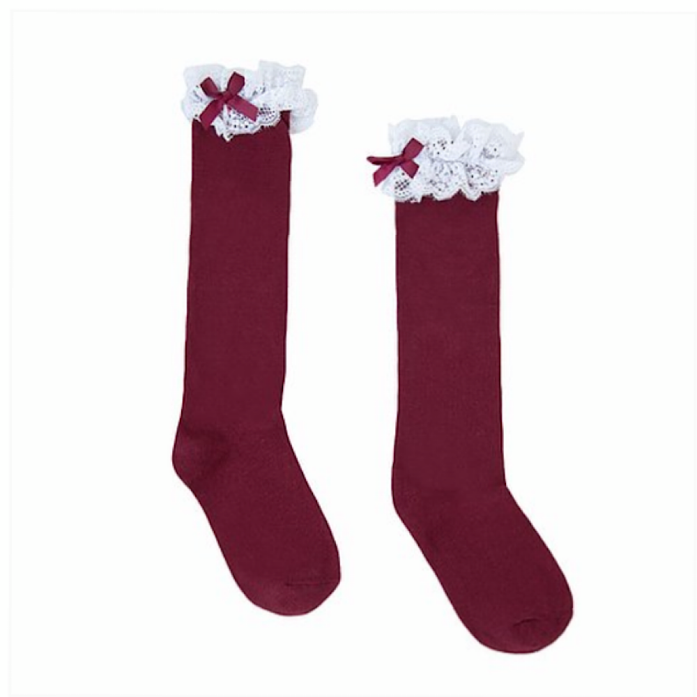 Burgundy and white lace knee socks