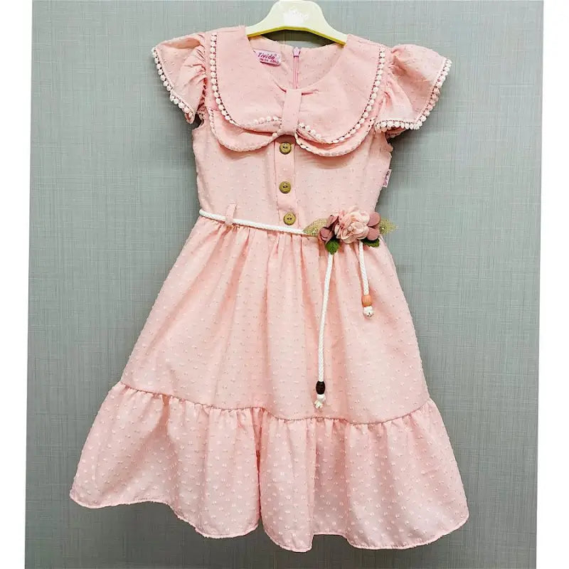 Girls Pink Embossed Cotton Dress with Flower Belt
