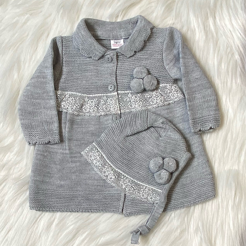 Grey Knitted Jacket With Matching Bonnet
